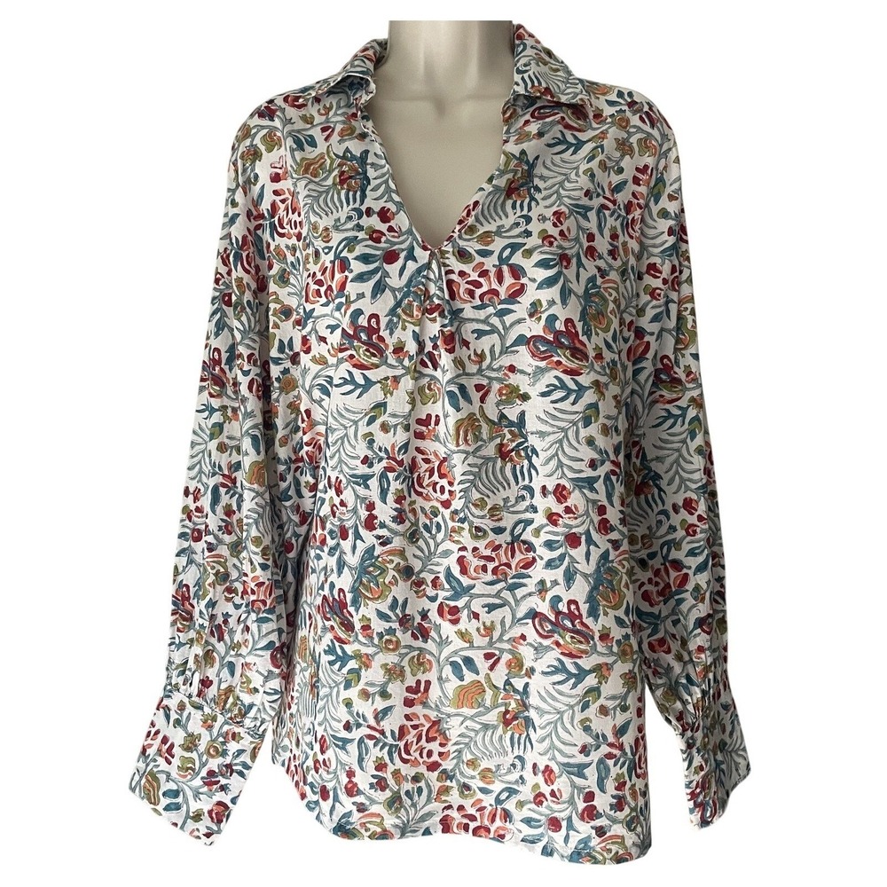 Le Bazar Coastal Floral Popover Long Sleeve Blouse Medium 100%‎ Cotton